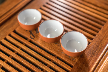 Chinese tea service on a wooden bamboo table