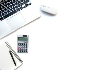Flat lay, top view office table desk. Workspace with calculator, pen , laptop , note on the white background.Copy Space for text,Empty Blank to word.Business Finance,Education Technology Concept. © Poh Smith