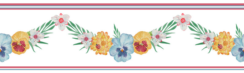  Vintage border with watercolor pansy on white background. Hand drawn illustration. Bouquet. Set with pink, yellow and blue flowers.  Horizontal seamless pattern