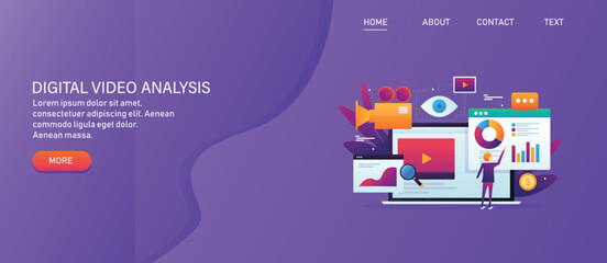 Man monitoring video marketing data, statistic, information, video analytic software, application technology concept. Web banner template, presentation.