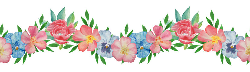  Vintage border with watercolor pansy on white background. Hand drawn illustration. Bouquet. Set with pink and blue flowers.  Horizontal seamless pattern