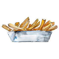 Fast food french fries in a watercolor style set. Aquarelle food illustration for background. Isolated potato element.