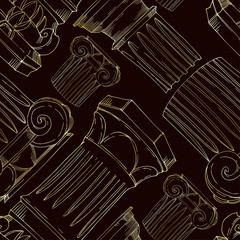 Vector Antique greek columns. Black and white engraved ink art. Seamless background pattern.