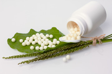 Bottle with homeopathic pills on green plant leaf. Homeopathy, naturopathy and alternative herbal...