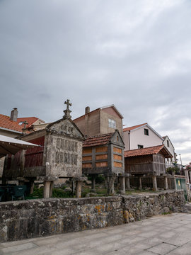 group of traditional granaries or horreos in Combarro, Spain