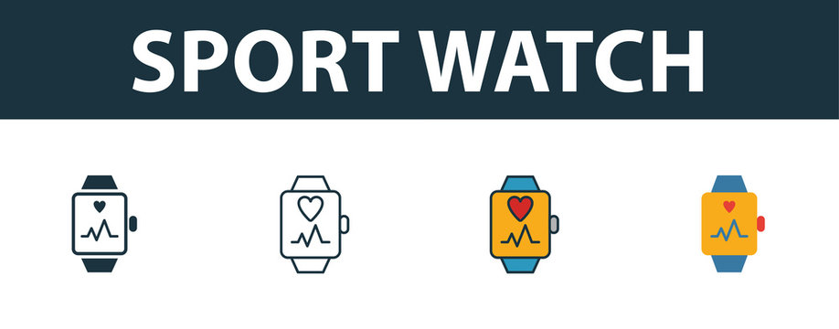 Sport Watch Icon Set. Premium Symbol In Different Styles From Fitness Icons Collection. Creative Sport Watch Icon Filled, Outline, Colored And Flat Symbols