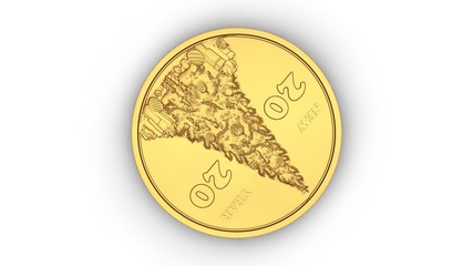 3D rendering of a Golden jubilee coin with a symbol of the new year, a Golden Christmas tree with gifts. 3D illustration of the idea of 2020 new year, a symbol of development, happiness and wealth