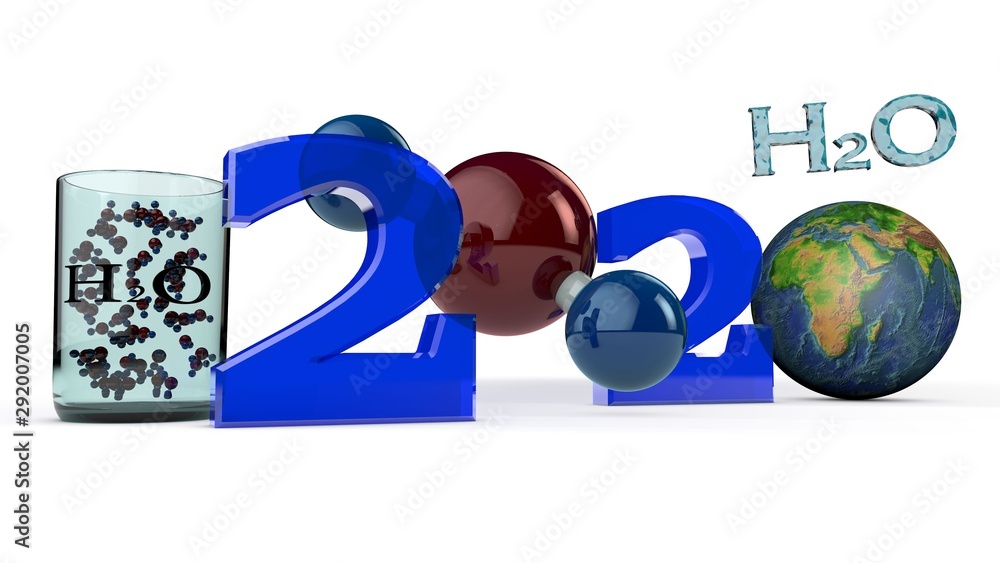 Poster 3d rendering of the new 2020 . the date is depicted by the symbols of the water molecule and the pla