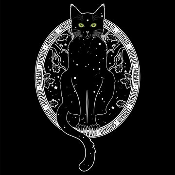 Black cat with green eyes on the background of the night starry sky and autumn oak branches. Black and white design