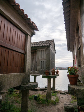 Horreos, traditional galician granary in typical fishing village Combarro. Galicia, Spain