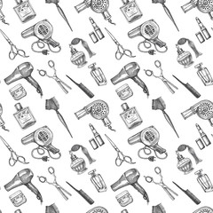 Hand drawn sketch pattern for barbershop. Accessories for the hairdresser, made in graphic style.