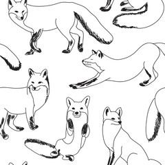 Seamless pattern with foxes. Black and white texture in sketch style.