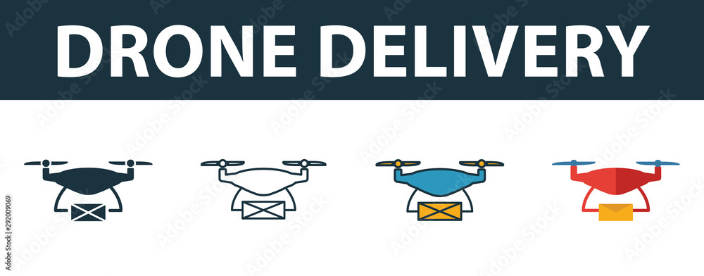Poster drone delivery icon set. premium symbol in different styles from smart devices icons collection. cre