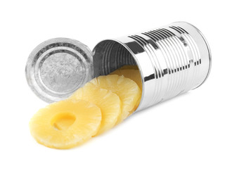 Tin with delicious sweet canned pineapple on white background