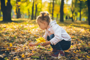 little smiling blond cute toddler girl at autumn city park