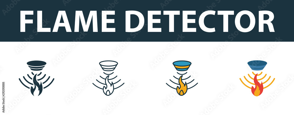 Poster flame detector icon set. premium symbol in different styles from sensors icons collection. creative 