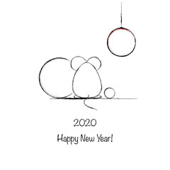 Funny mouse, new year decoration/ symbol of 2020 year/ hand drawn vector illustration