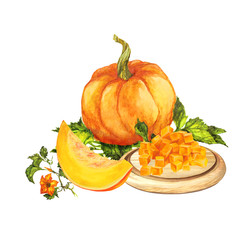 ripe pumpkin with leaves, sliced in pieces on a wooden board, and a sliced piece of pumpkin, pattern, watercolor illustration isolated on white background