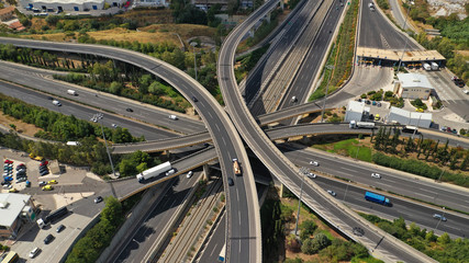 Aerial view of popular highway multilevel junction road, passing through National motorway and Attiki Odos, Attica, Greece