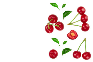 Some cherries with leaf closeup isolated on white background. With copy space for your text. Top view. Flat lay