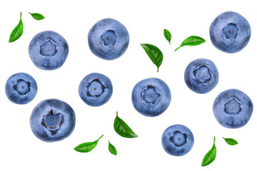 fresh ripe blueberry with leaves isolated on white background. Top view. Flat lay pattern