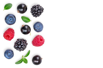 mix of blackberry blueberry raspberry isolated on white background. Top view. Flat lay pattern
