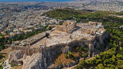 Aerial drone panoramic photo of iconic Acropolis hill featuring masterpiece of Ancient times the...