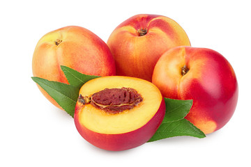 Nectarine fruit and half with leaf isolated on white background cutout
