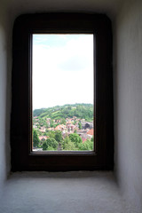 Beautiful view of city and mountain through window