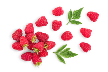 raspberries with leaves isolated on white background. Top view. Flat lay