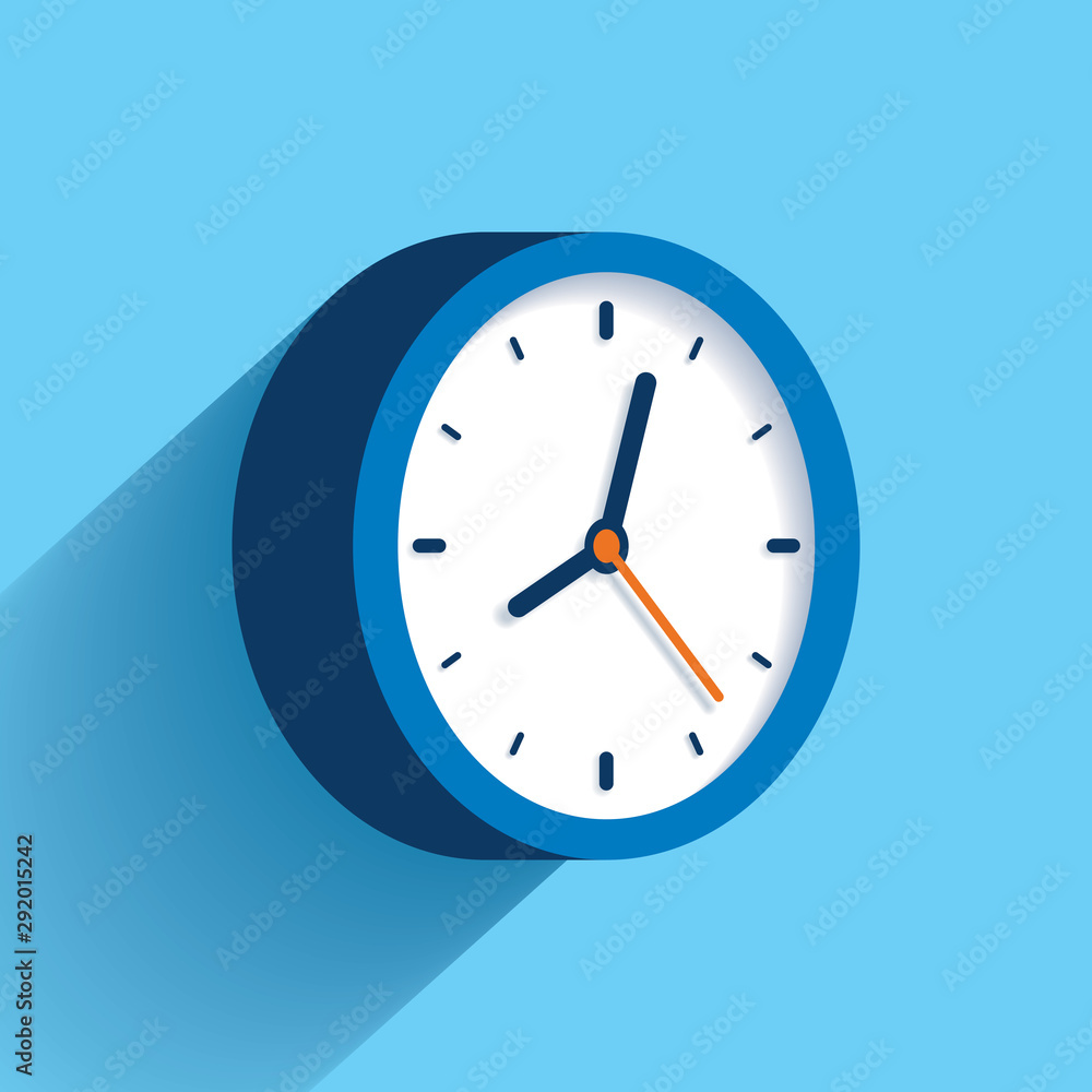 Poster 3d clock icon in flat style, timer on color background. business watch. vector design element for yo