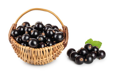 Pile of black currant and in basket isolated on white background