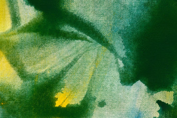 Bright colorful watercolor background. Hand drawn green and yellow painting.