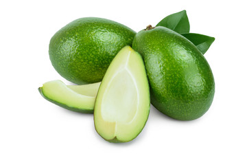avocado and slice with leaves isolated on white background close-up