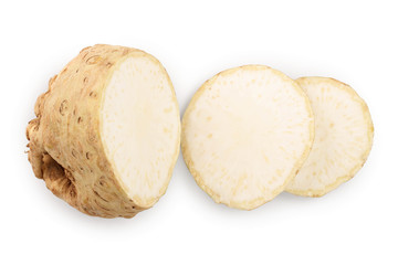 Fresh slice celery root isolated on white background. Top view. Flat lay.