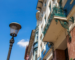 Ljubljana, Slovenia, August 5, 2019. Fragment of the facade of the building in the style of modern in the historical center of the city.