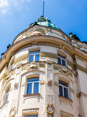 Ljubljana, Slovenia, August 5, 2019. Fragment of the facade of the building in the style of modern in the historical center of the city.