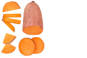 Sweet potato isolated on white background with copy space for your text. Top view. Flat lay.