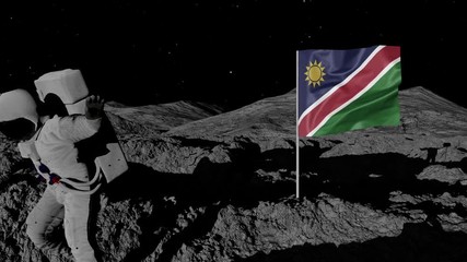 astronaut planting Namibia flag on the moon.
