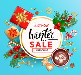 Winter 2020 sale banner,invitation card with hand drawn lettering on blue background with christmas gifts,candies,cocoa with cinnamon and marshmallow,cookie,place for text.Top view.Vector Illustration