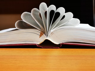 open book on wooden table in sunny day