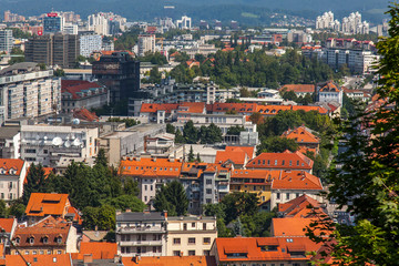 Ljubljana, Slovenia, August 5, 2019. Picturesque city view from the review site Ljubljanski grad