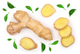 fresh Ginger root and slice isolated on white background. Top view. Flat lay