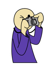 Man taking a photograph with his analogic camera hanging from his neck. Photographer. Cartoon style vector illustration.