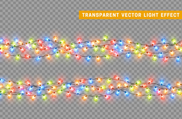 Christmas lights. Xmas glowing lights. Set lights Garlands isolated realistic design elements. Christmas decorations. Holiday Led neon lamp. New Year's festive decor. Vector illustration.