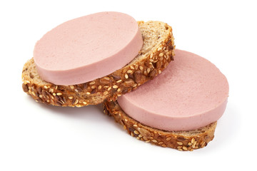 Delicious Sandwich with freshly sliced boiled pork sausage, isolated on white background