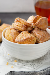 Cottage cheese cookies, biscuit triangles, delicious lunch. Children's healthy food, sweet dessert with tea,  milk