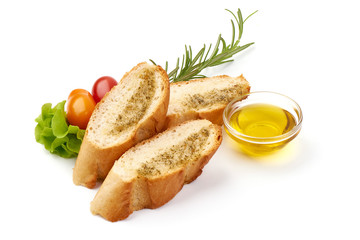 Sliced French Baguette with garlic, isolated on white background