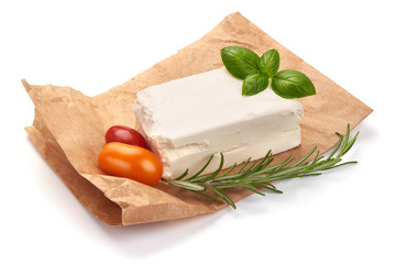Soft greek feta cheese, isolated on white background