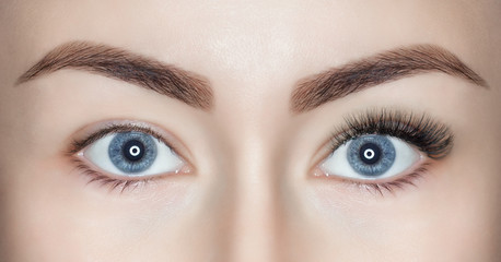 A beautiful woman with long eyelashes in one eye, and on the other, eyelashes are not extended. Eyes close up.